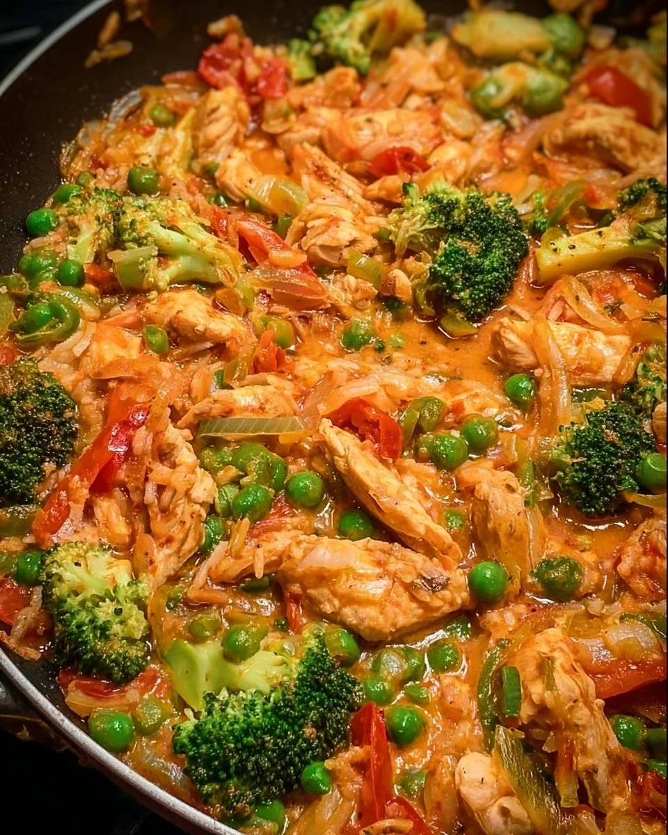 Gesunde Gemüsepfanne mit Hähnchen und frischem Gemüse