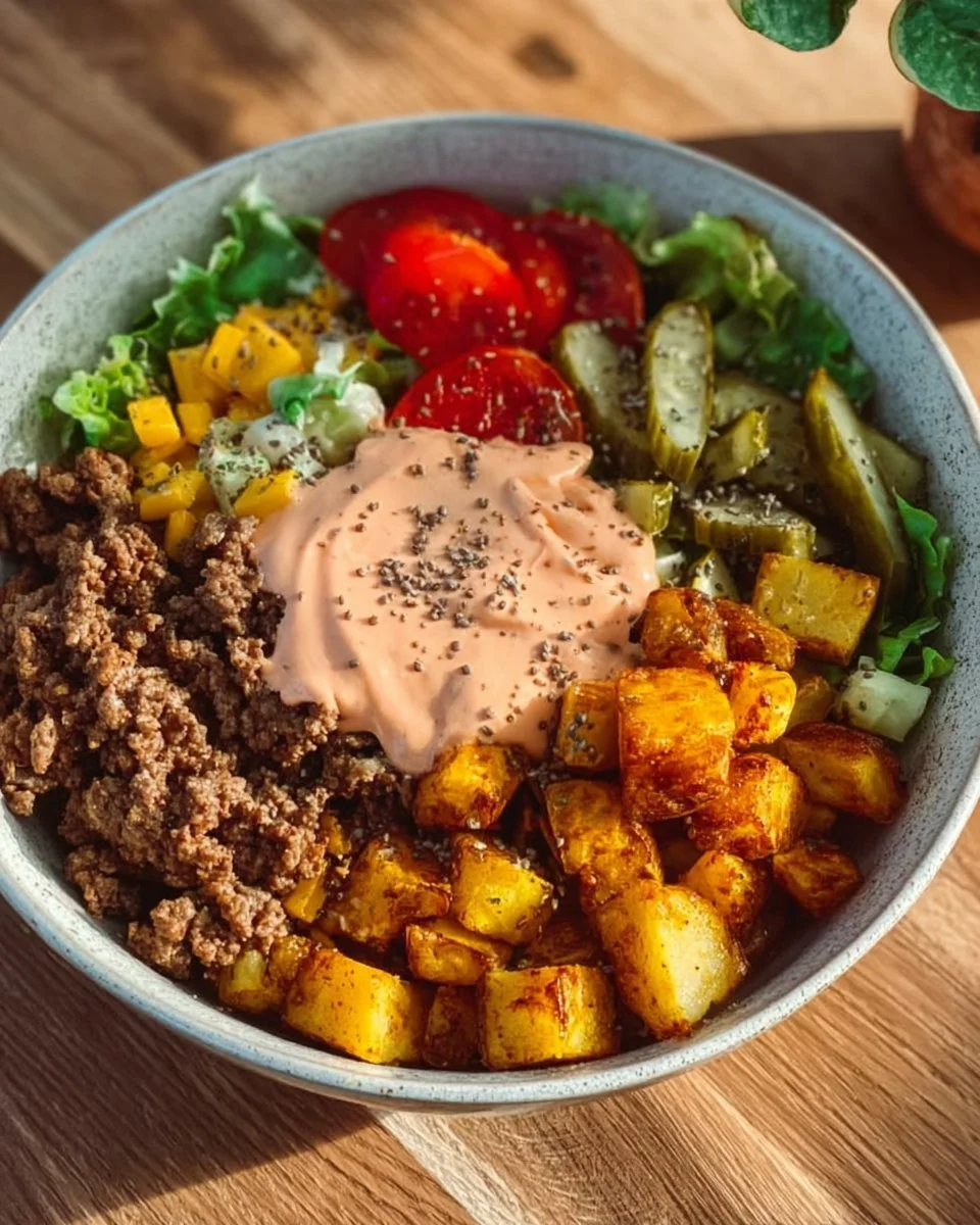 Gesunde Burger Bowl mit frischen Zutaten und bunten Belägen