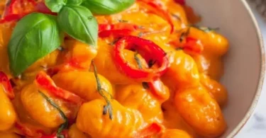 Gnocchi mit Paprika aus der Pfanne serviert auf einem Teller