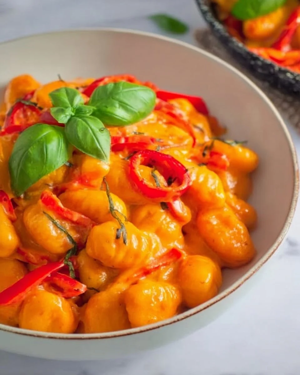 Gnocchi mit Paprika aus der Pfanne serviert auf einem Teller