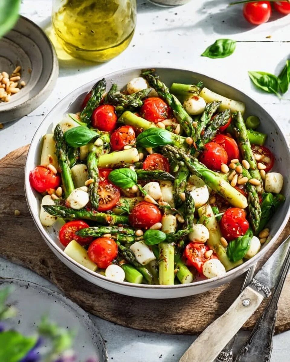 Grüner Spargel Salat mit Tomaten und Mozzarella auf einem Teller