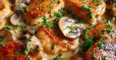 Leckere Hähnchen-Pilzpfanne mit frischen Zutaten serviert auf einem Teller