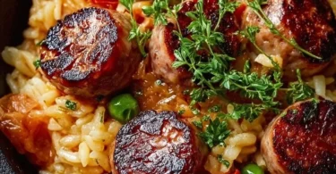 Herzhafte Wurst-Reis-Pfanne mit buntem Gemüse und würzigen Wurststücken