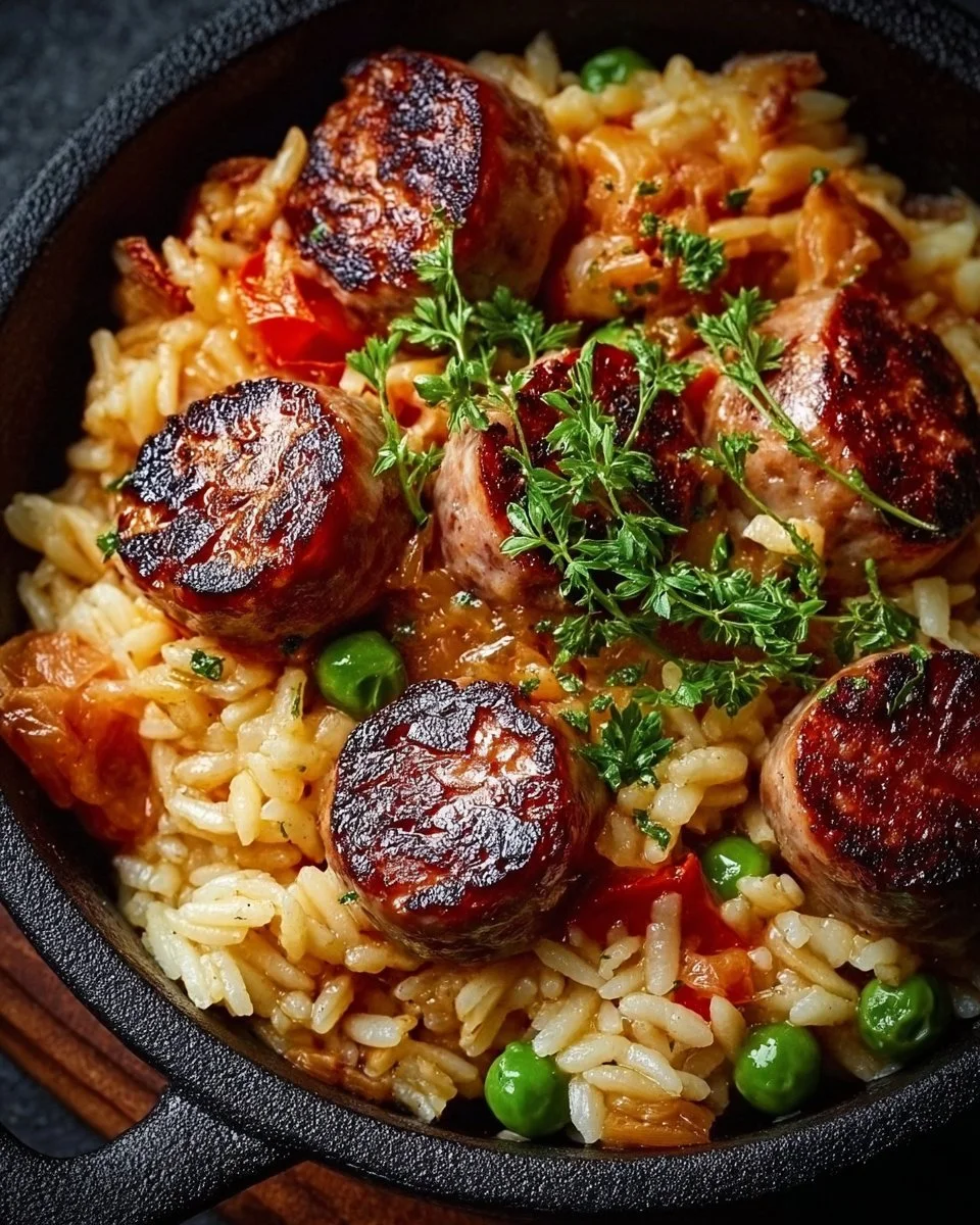 Herzhafte Wurst-Reis-Pfanne mit buntem Gemüse und würzigen Wurststücken