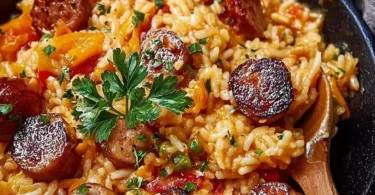 Herzhafte Wurst-Reis-Pfanne mit frischen Zutaten auf einem Teller