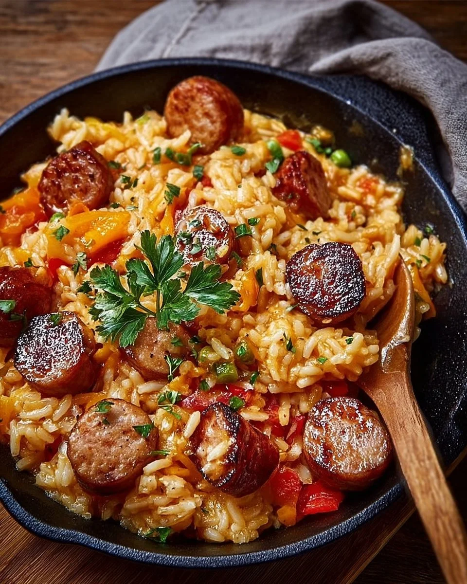 Herzhafte Wurst-Reis-Pfanne mit frischen Zutaten auf einem Teller