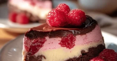 Himbeer-Brownie-Käsekuchen mit frischen Himbeeren und schokoladigem Teig.