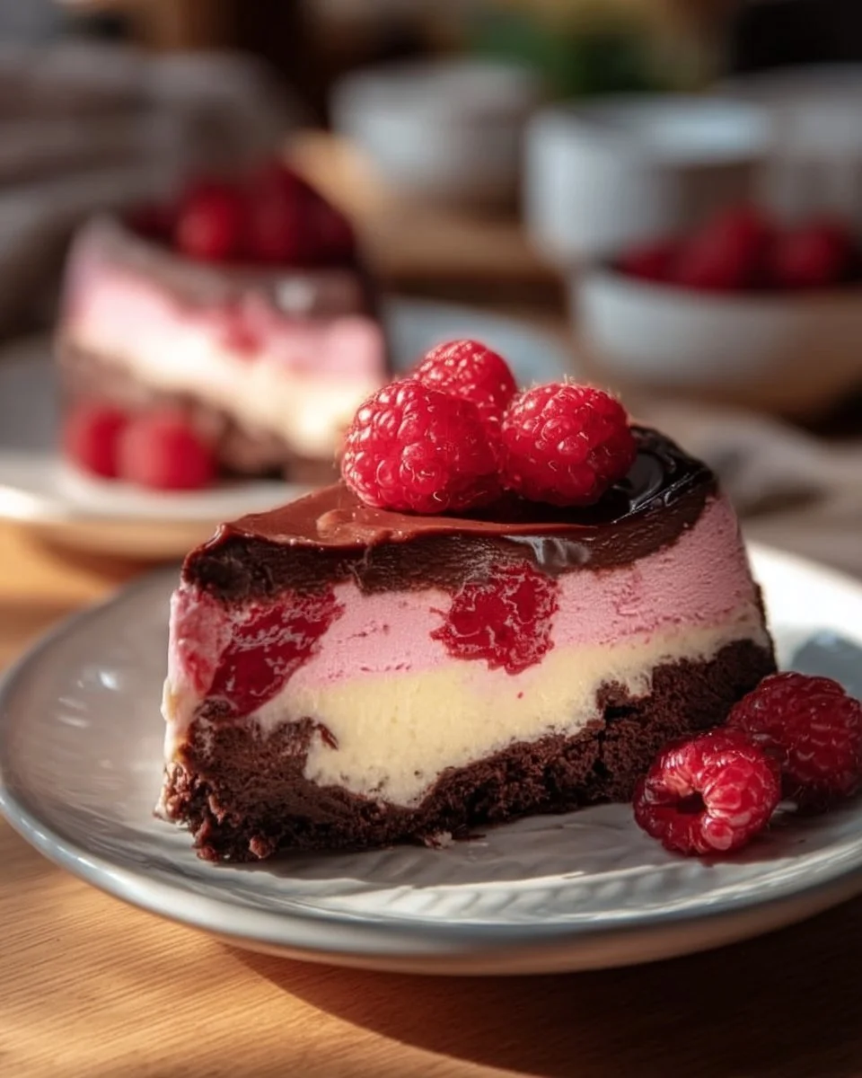 Himbeer-Brownie-Käsekuchen mit frischen Himbeeren und schokoladigem Teig.