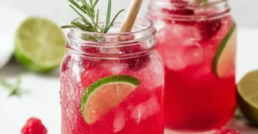 Glas Himbeer-Limonade mit Rosmarin und Limette dekoriert