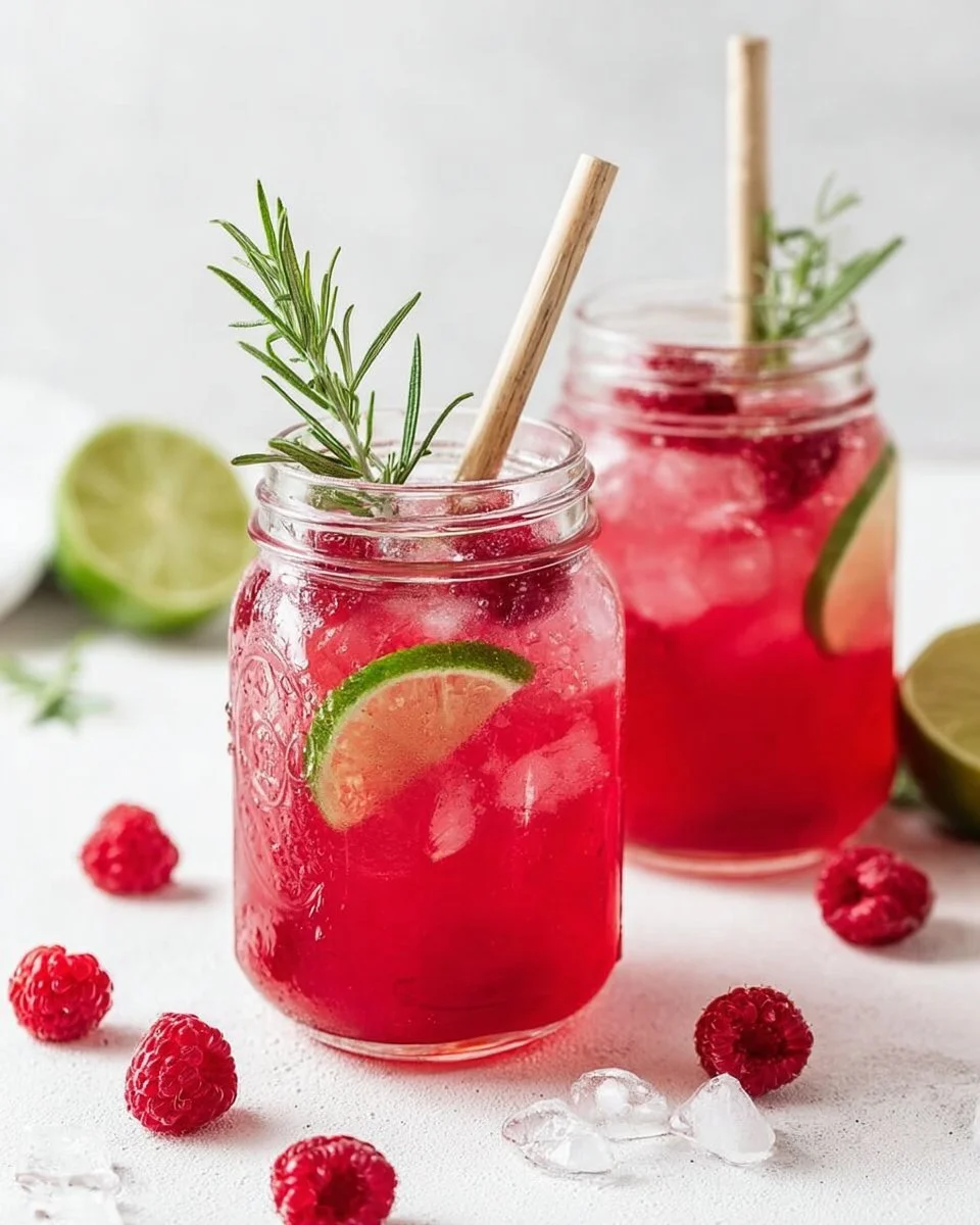 Glas Himbeer-Limonade mit Rosmarin und Limette dekoriert