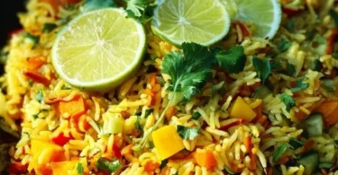 Indisch gewürzter Reis Salat mit Mango in einer Schüssel