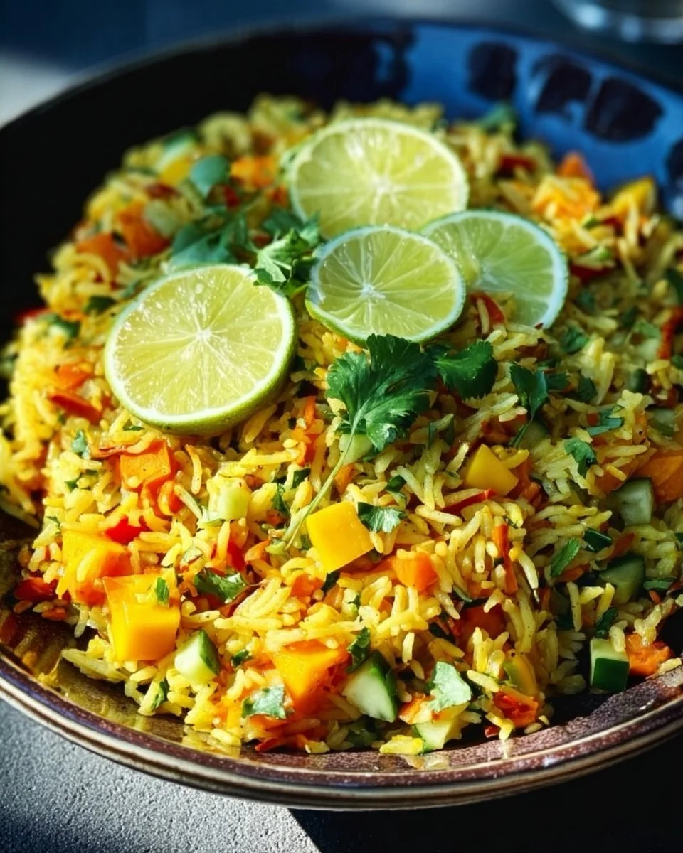 Indisch gewürzter Reis Salat mit Mango in einer Schüssel