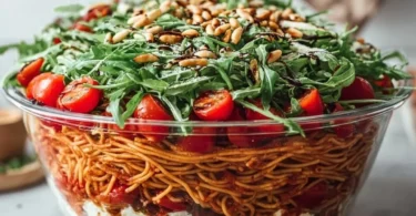 Italienischer Spaghetti-Schichtsalat mit buntem Gemüse und Dressing