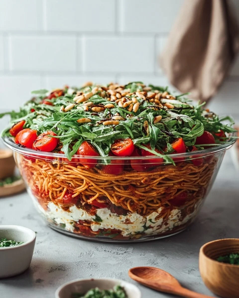 Italienischer Spaghetti-Schichtsalat mit buntem Gemüse und Dressing