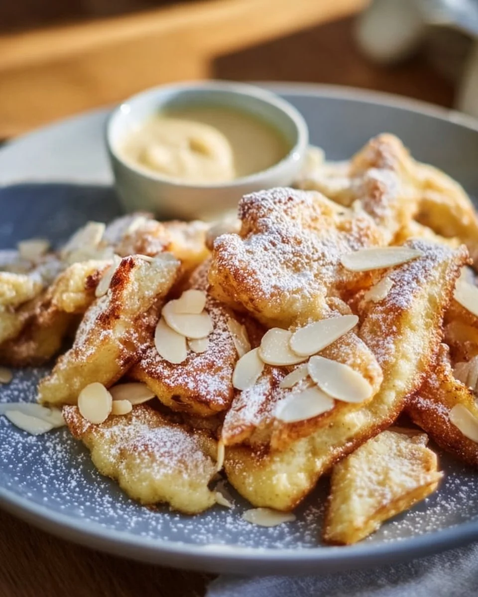 Ein Teller Kaiserschmarrn, fluffig und goldbraun, serviert mit Puderzucker und Früchten.