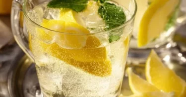Erfrischendes Getränk Kalte Ente in einem Glas mit Früchten und Eiswürfeln