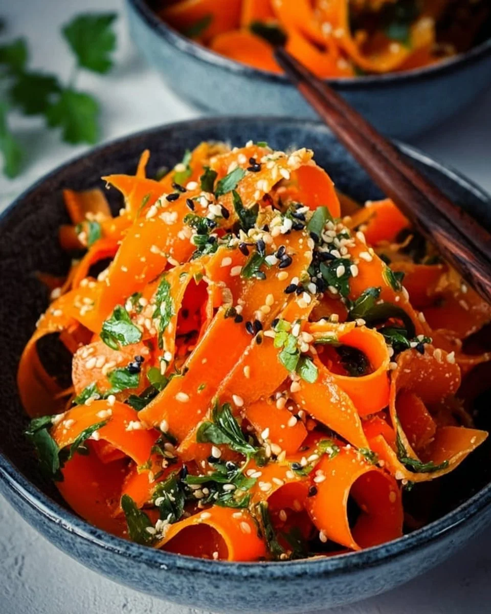 Karottensalat mit Ingwer-Sesam-Dressing auf einem Teller serviert