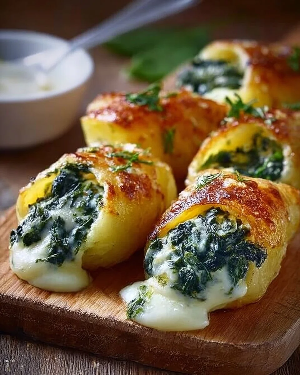 Leckere Kartoffeltaschen gefüllt mit Spinat und Frischkäse auf einem Teller.