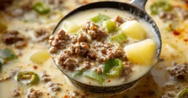 Käse-Lauch-Partysuppe mit Hackfleisch in einer Schüssel serviert