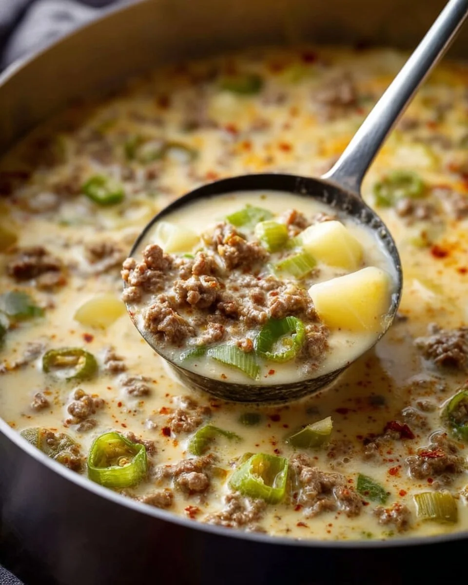 Käse-Lauch-Partysuppe mit Hackfleisch in einer Schüssel serviert