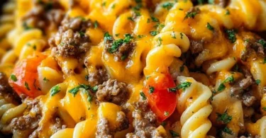 Käseburger-Auflauf mit geschmolzenem Käse und saftigem Fleisch