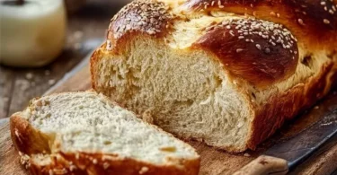 Kohlenhydratfreies Joghurtbrot auf einem Holzbrett angerichtet