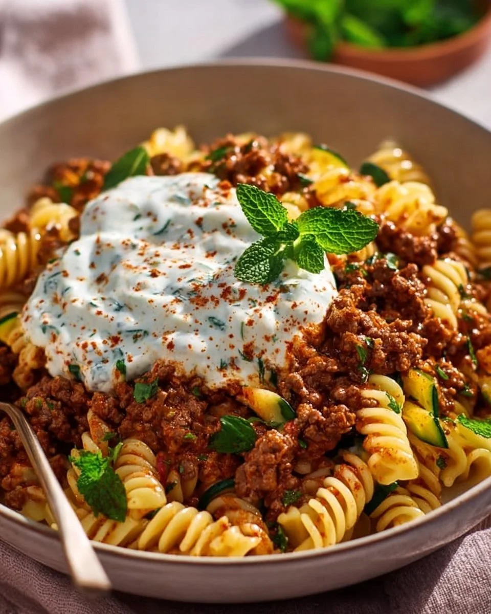 Köstliche türkische Pasta mit Hackfleisch und Joghurt-Sauce