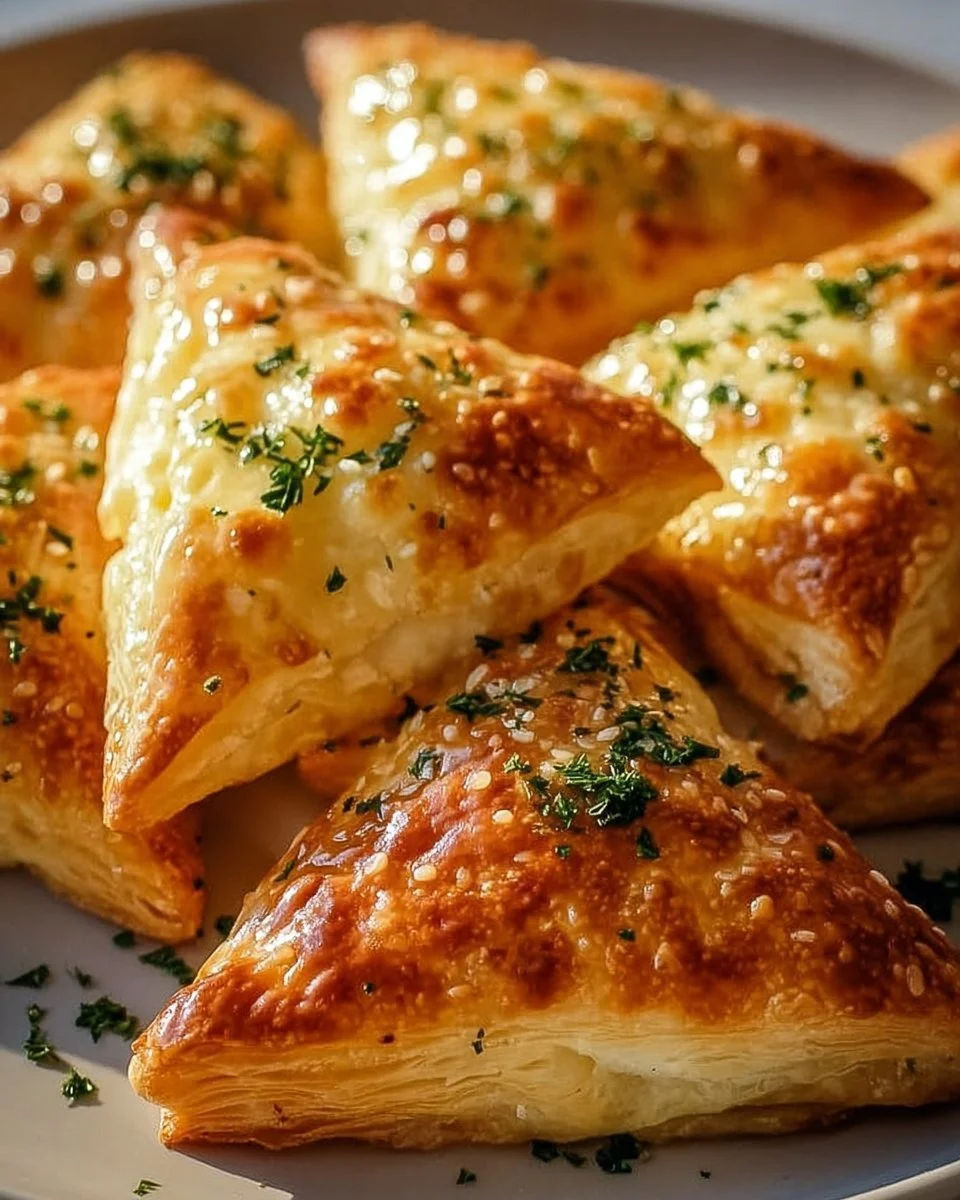 Krosse Käsetriangel mit goldbrauner Kruste und schmelzendem Käsefüllung.