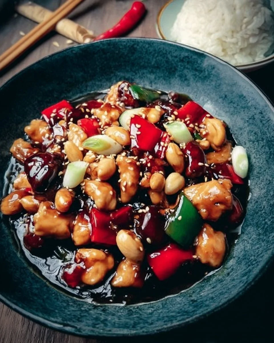 Leckeres Kung-Pao-Hühnchen mit Erdnüssen und Gemüse serviert auf einem Teller