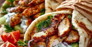 Mediterranean Chicken Gyros mit Feta Tzatziki auf einem Teller serviert.