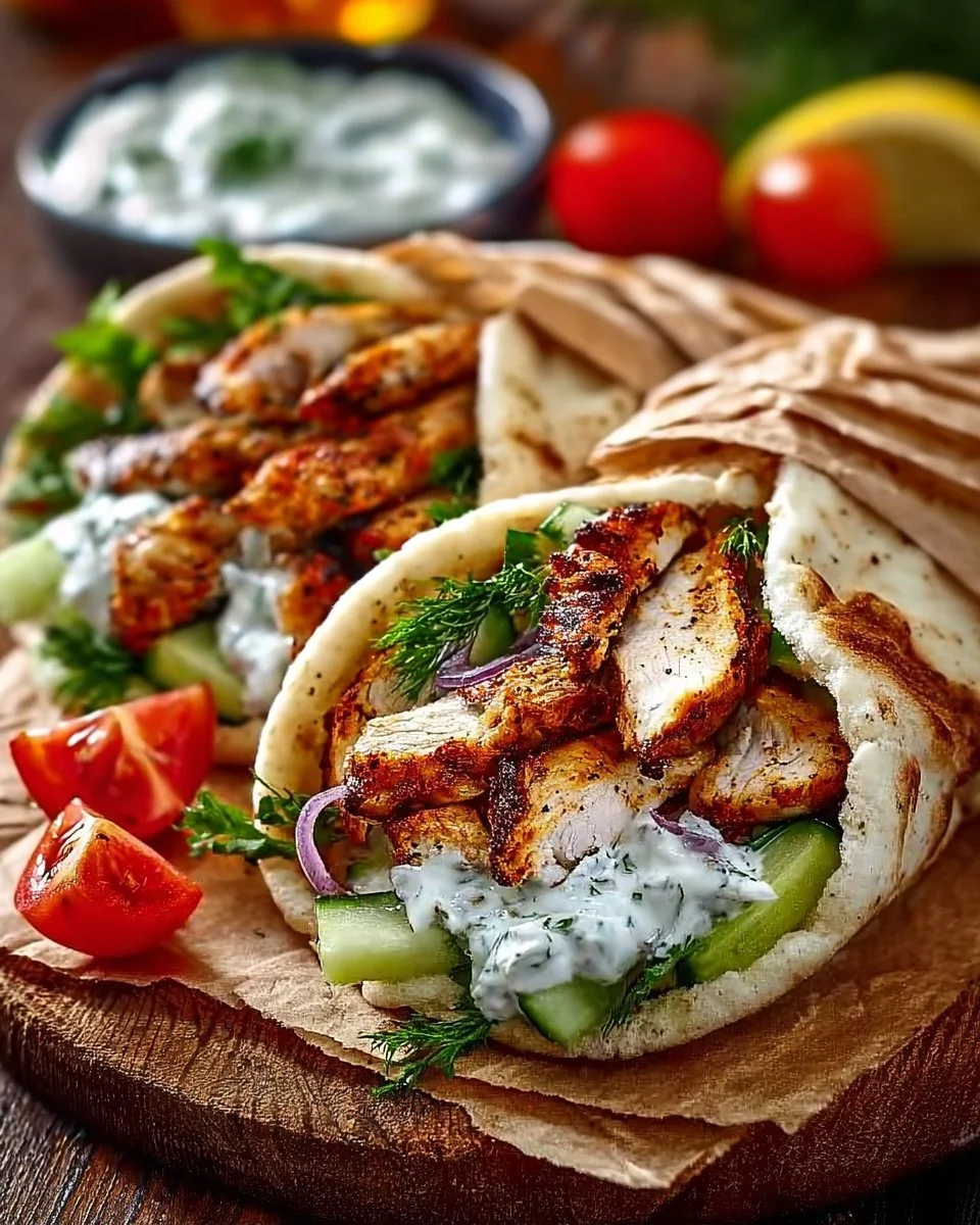 Mediterranean Chicken Gyros mit Feta Tzatziki auf einem Teller serviert.