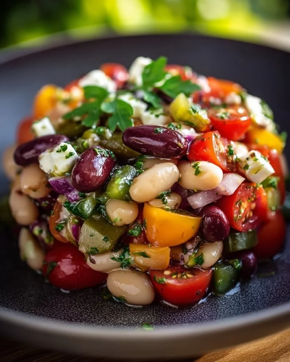 Mediterraner Bohnensalat mit frischen Zutaten und würzigem Dressing