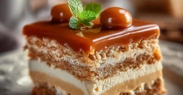 Leckerer Milchmädchen-Kuchen auf einem Teller serviert mit frischen Früchten.