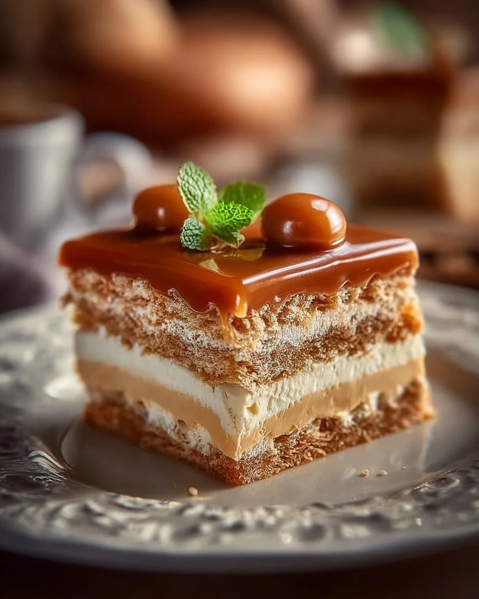 Leckerer Milchmädchen-Kuchen auf einem Teller serviert mit frischen Früchten.