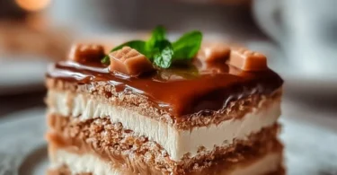 Köstlicher Milchmädchen-Kuchen auf einem Teller mit frischen Früchten dekoriert