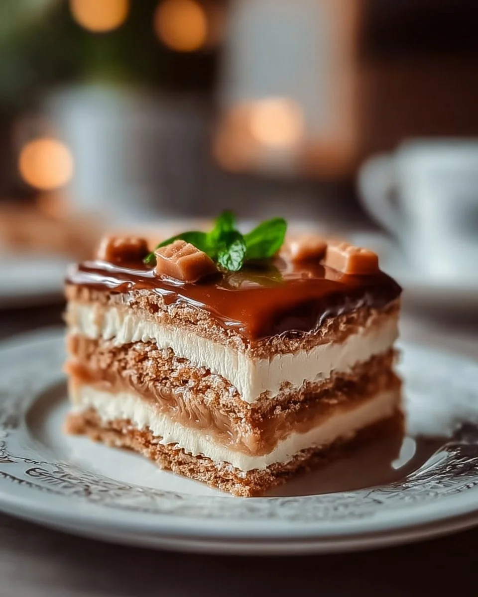 Köstlicher Milchmädchen-Kuchen auf einem Teller mit frischen Früchten dekoriert