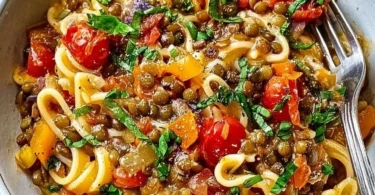 One-Pot-Pasta mit Linsen in einem Topf zubereitet