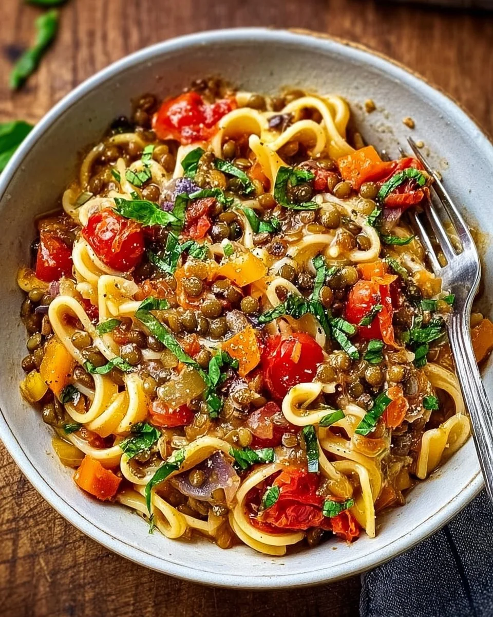 One-Pot-Pasta mit Linsen in einem Topf zubereitet