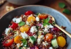 Orientalischer Rote Linsensalat mit Feta auf einem Teller angerichtet