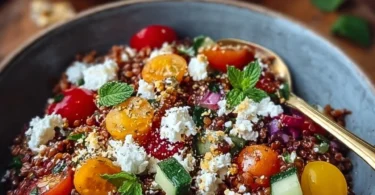 Orientalischer Rote Linsensalat mit Feta auf einem Teller angerichtet