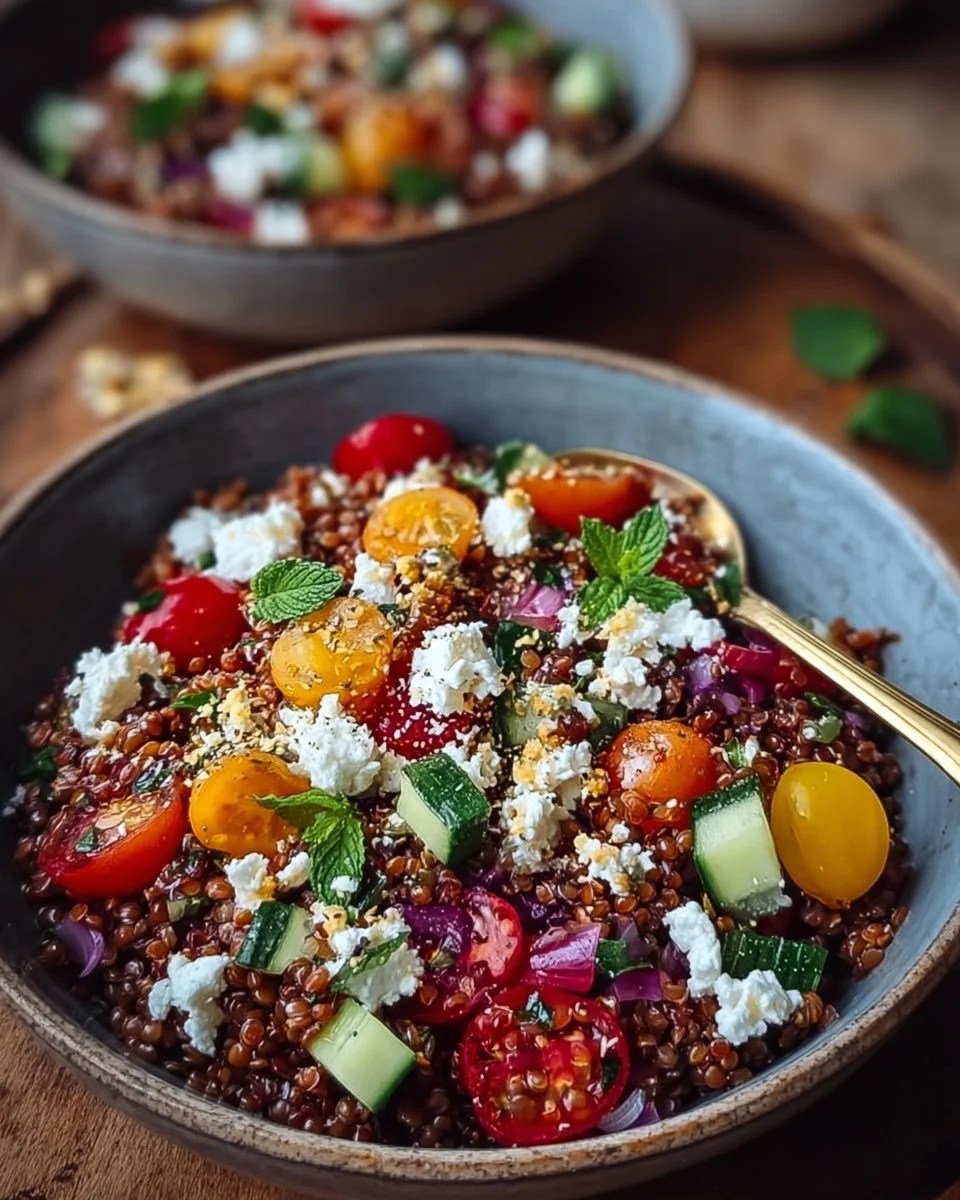 Orientalischer Rote Linsensalat mit Feta auf einem Teller angerichtet