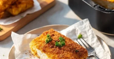 Panierter Feta aus der Heißluftfritteuse auf einem Teller serviert.
