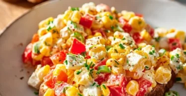 Leckerer Paprika-Mais-Salat mit Feta und Joghurt als frischer Snack