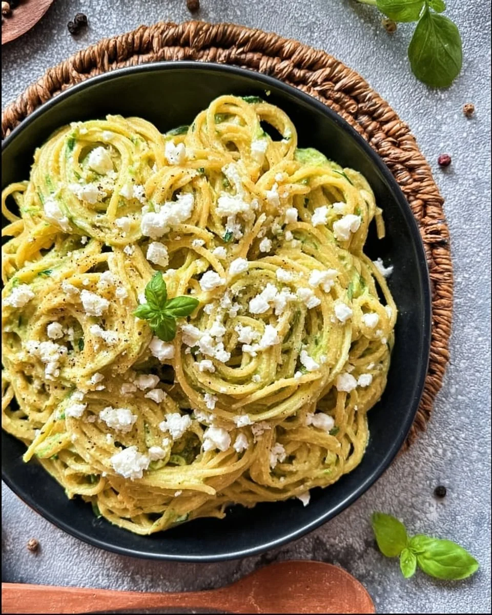 Pasta mit Zucchini-Soße serviert auf einem weißen Teller