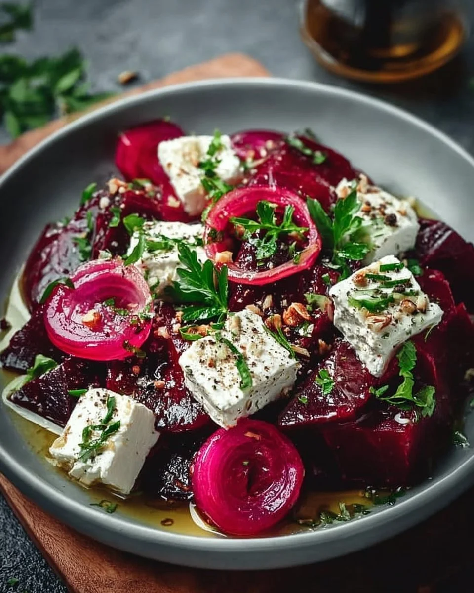 Rote Bete Salat mit Fetakäse und frischen Zutaten