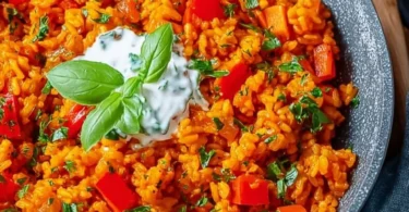 Leckere Paprika-Reis-Pfanne mit frischen Zutaten und Joghurtsoße