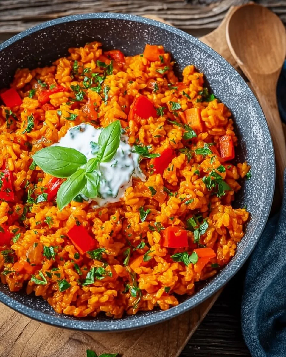 Leckere Paprika-Reis-Pfanne mit frischen Zutaten und Joghurtsoße