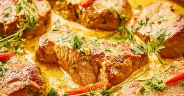 Schweinefilet in Curry-Sahne serviert auf einem Teller mit frischen Kräutern