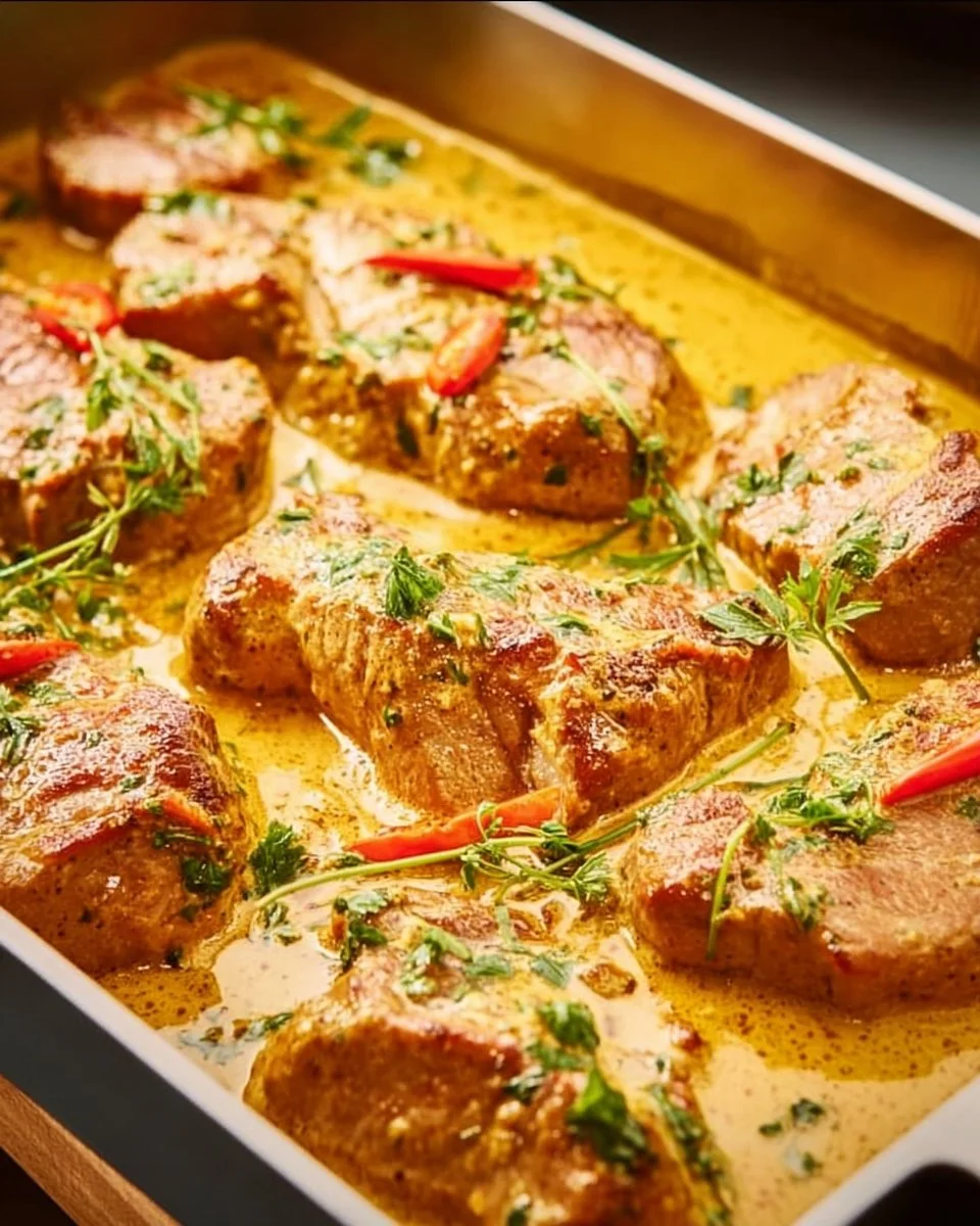 Schweinefilet in Curry-Sahne serviert auf einem Teller mit frischen Kräutern