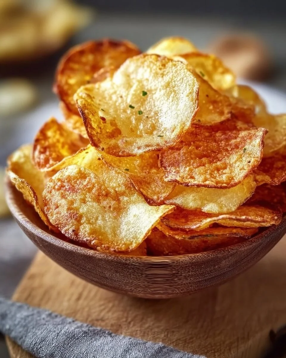 Selbstgemachte Kartoffelchips aus der Heißluftfritteuse frisch zubereitet.
